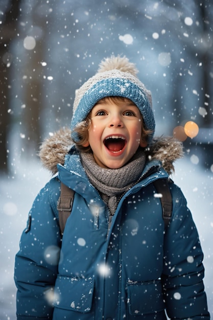 Funny little boy in blue winter clothes walks during a snowfall outdoors winter activities for kids