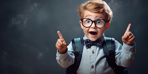 Funny little boy in glasses from elementary school with a book and a bag