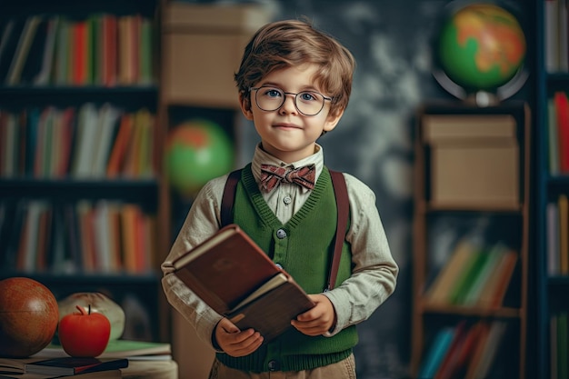 Funny little boy in glasses pointing up on blackboard