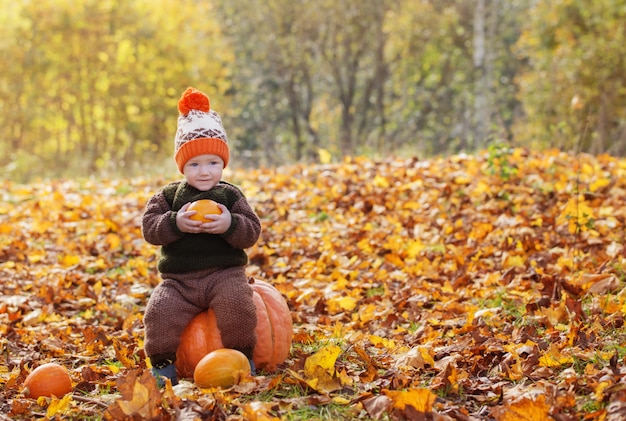 Funny little boy with orange pumpkin in autumn park