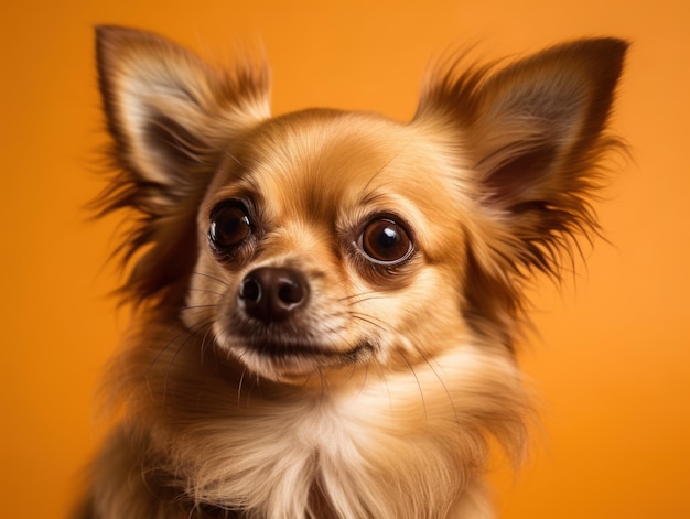 Funny little dog in glasses at orange background