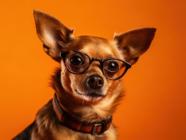 Funny little dog in glasses at orange background