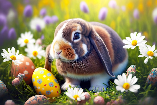 Забавный маленький пасхальный кролик с белой грудью и красной спиной на траве