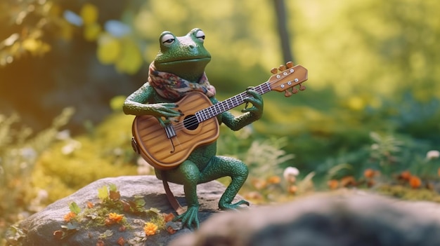 Funny little frog playing a guitar in the forest Generative AI