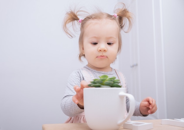 Funny little girl carefully touches succulent in pot.