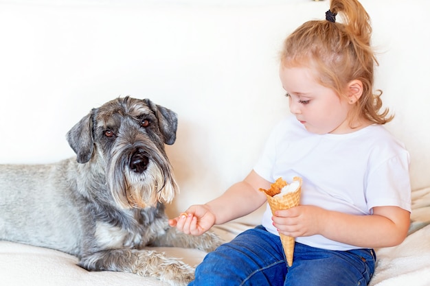 面白い小さな女の子は彼女の犬を養います