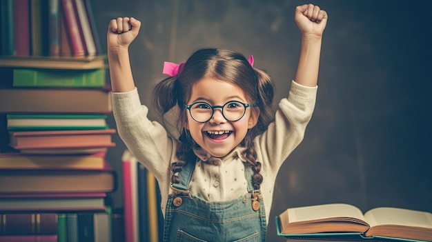 Funny little girl in glasses pointing up on blackboard