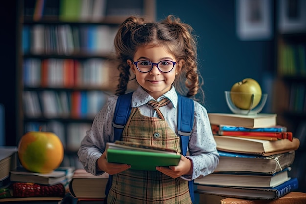 Funny little girl in glasses pointing up on blackboard