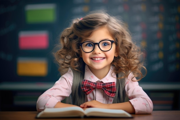 Funny Little Girl in Glasses with a School Blackboard