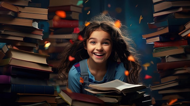 funny little girl smiling with stack of books in the style of joyful chaos