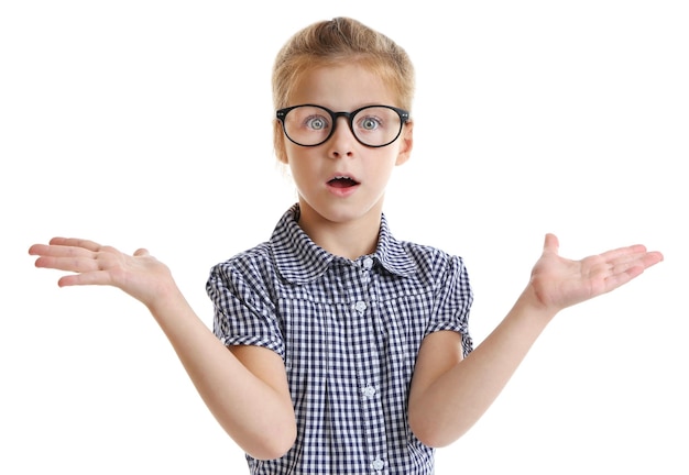 Funny little girl with glasses on white background