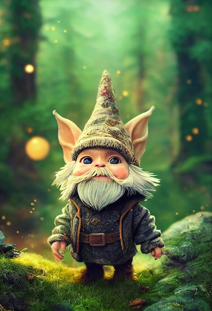 Funny little gnome in a green forest The concept of fairy tale characters