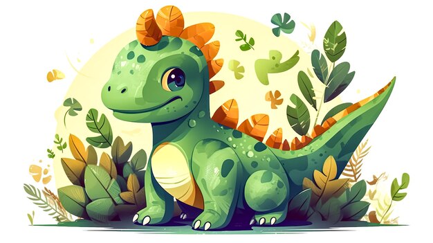 Photo funny little green dinosaur cartoon character generative ai