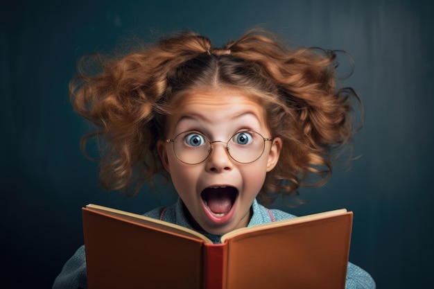 Funny little kid in glasses pointing up on blackboard Child from elementary school with book