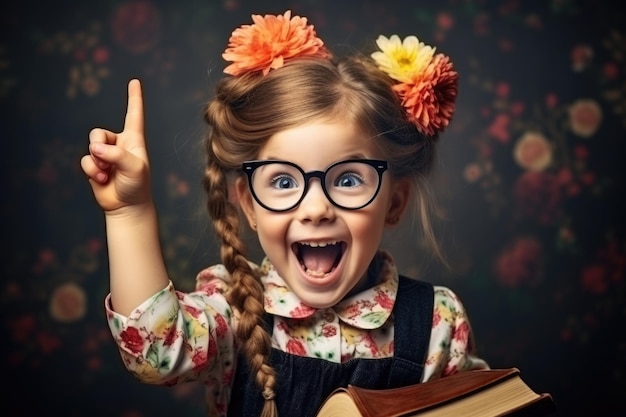 Funny little kid in glasses pointing up on blackboard Child from elementary school