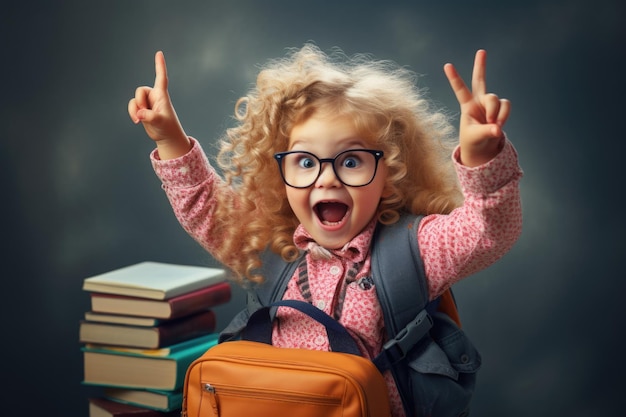 Funny little kid in glasses pointing up on blackboard Child from elementary school