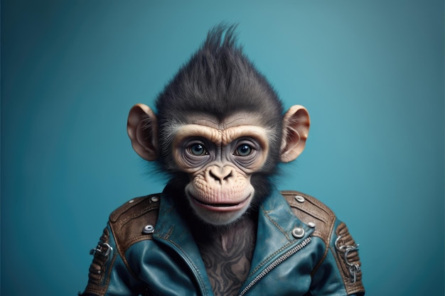 생성 인공 지능으로 만든 파란색 배경에 가죽 재킷을 입은 재미있는 작은 원숭이
