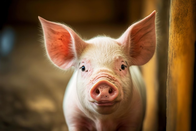 Funny little pig stands behind fence at pig farm