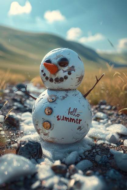 Photo a funny little snowman in nature with the inscription hello summer on it