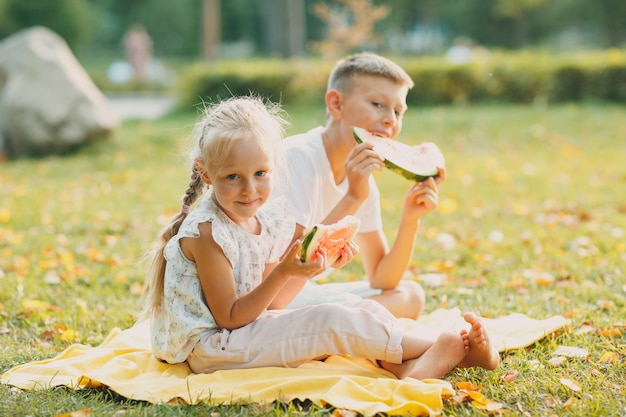 Забавный маленький брат и сестра малышей едят арбуз в парке. Счастливый мальчик и девочка вместе. Детство, семья, концепция здорового питания.