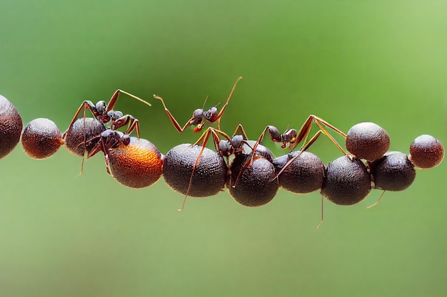 Funny longlegged ants hanging on bent round chain