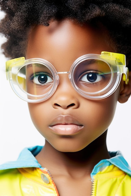 面白く見えるアフリカ系アメリカ人の少年が白い背景に未来的な眼鏡をかぶっている
