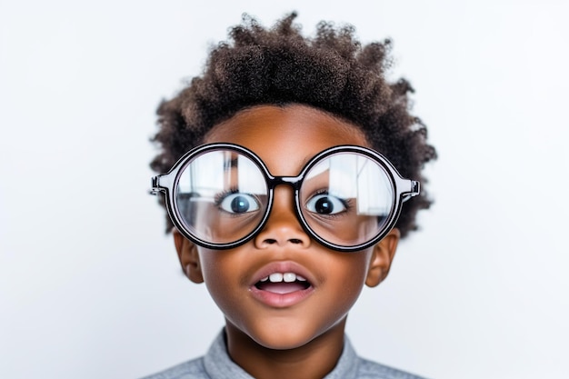 Funny looking African American child boy wears futuristic eyeglasses on white background