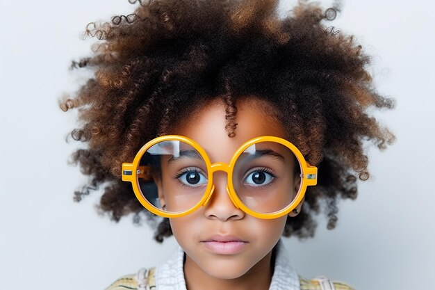 面白く見えるアフリカ系アメリカ人の女の子が白い背景に未来的な眼鏡をかぶっている