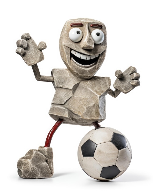 A funny looking mascot made of stone playing soccer