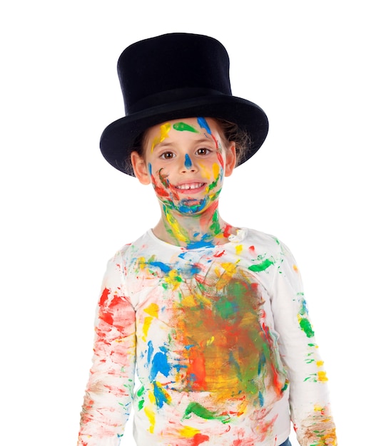 Funny magician with hands and face full of paint