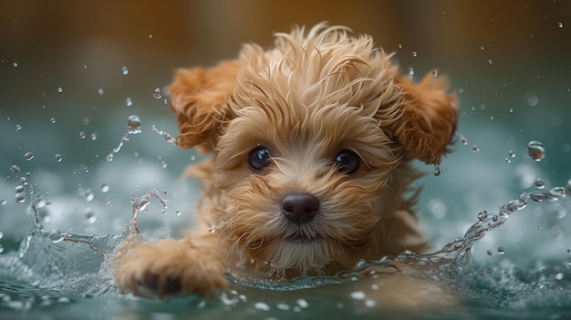 楽しいマルティプーの子犬が夏にプールで水に飛び込んで楽しんでいます