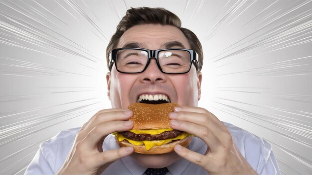 Photo funny man in glasses eating hamburger isolated on a white