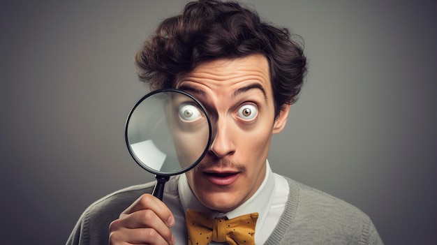 funny man looking through a magnifying glass