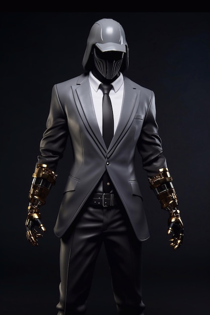 Photo funny man in a suit and mask with gloves on a dark background generative ai