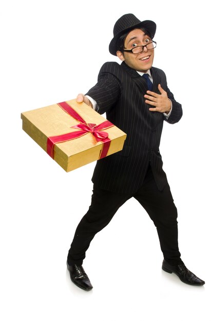 Funny man with giftbox on white