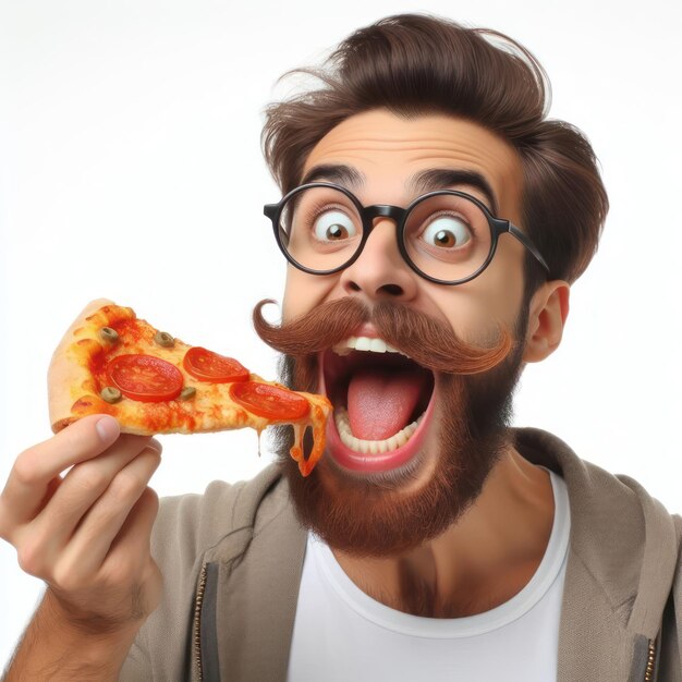 Foto uomo divertente con un pezzo di pizza in bocca isolato su uno sfondo bianco