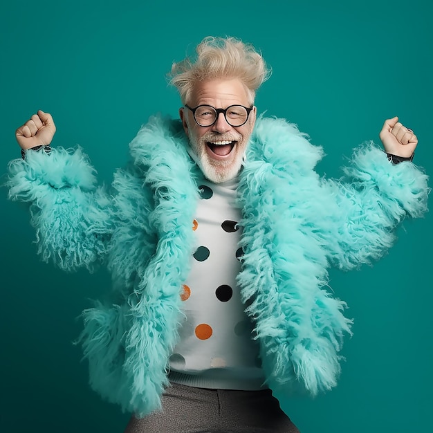 Photo funny mature guy smiling dancing isolated color background