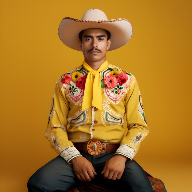 Photo funny mexican man in colorful male mexico national costume poncho with sombrero charro uniform