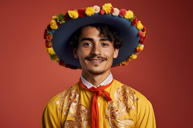 Foto divertente uomo messicano in colorato costume nazionale messicano maschile poncho con uniforme sombrero charro