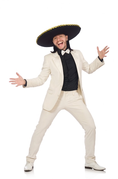 Funny mexican in suit and sombrero isolated on white