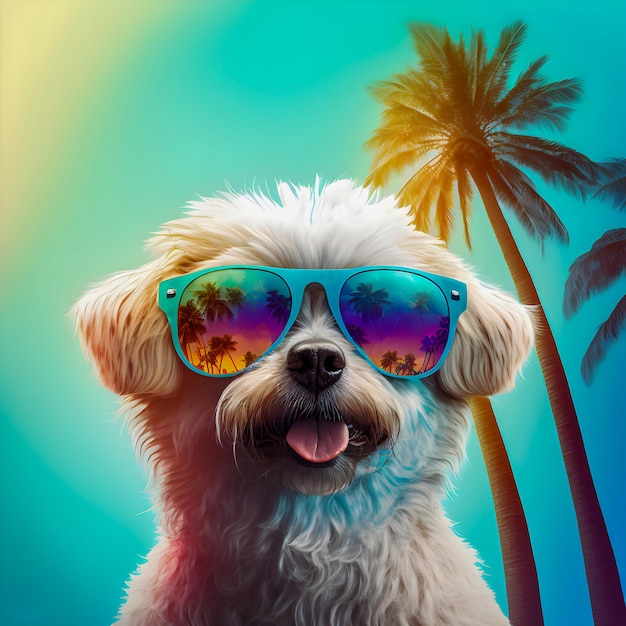 Funny Miami Style Dog whit sunglasses and palm trees illustration