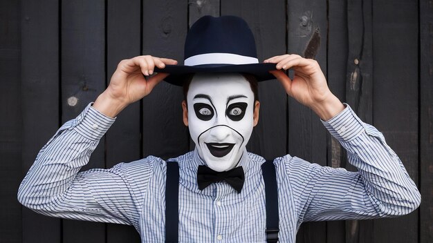 Funny mime fixes his hat