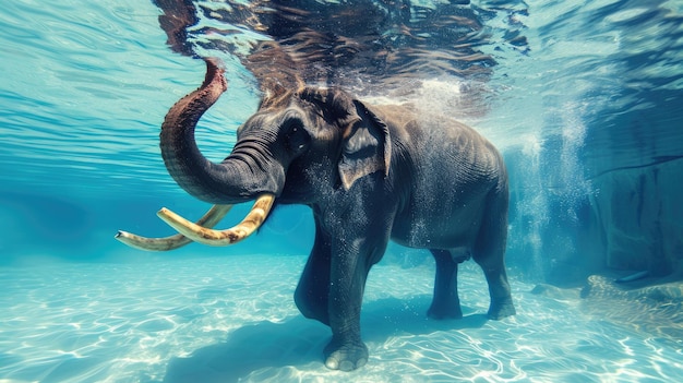 사진 웃긴 순간 수영장에서 잡힌 코끼리는 깊은 다이빙을 합니다.