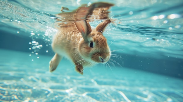 Funny moment captured rabbit in swimming pool does deep dive