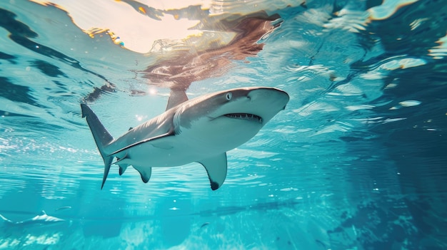 写真 スイミングプールで捕まえたサメが深海に飛び込む面白い瞬間