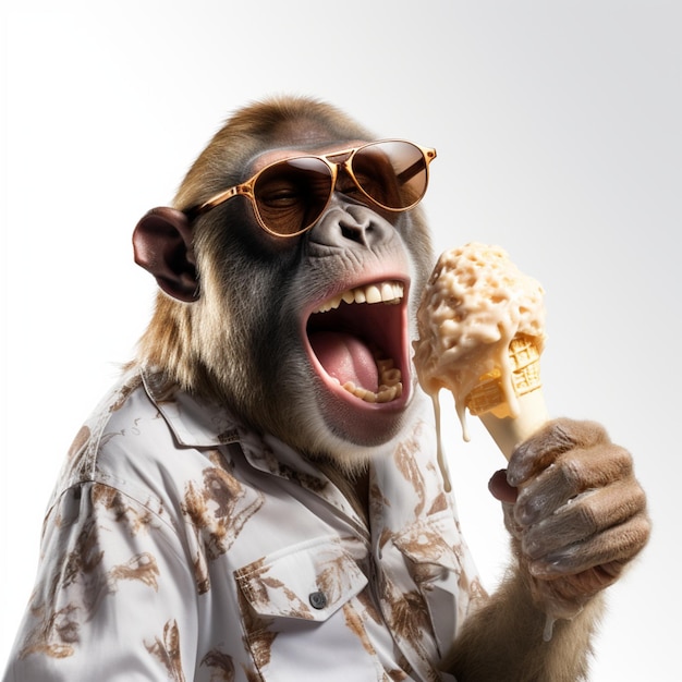 Foto scimmia divertente con gli occhiali da sole che leca un gelato