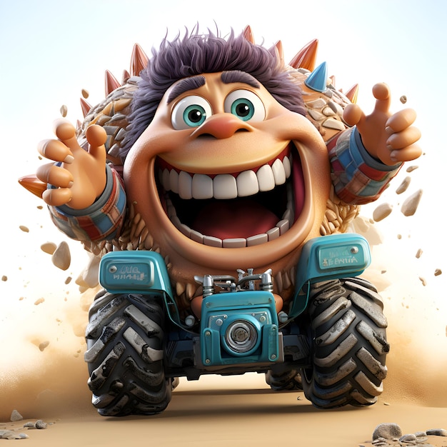 Funny monster on a dirt road 3d illustration Cartoon character