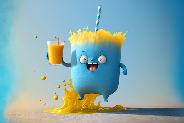 재미있는 괴물 주스 신선한 음료를 튀기는 주스 캐릭터의 귀여운 유리 AI 생성