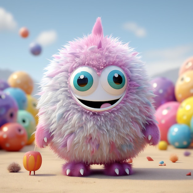 Funny monster with colorful balloons and confetti