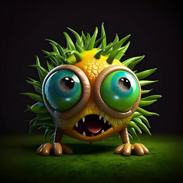 Funny monster with green eyes on dark background 3d illustration